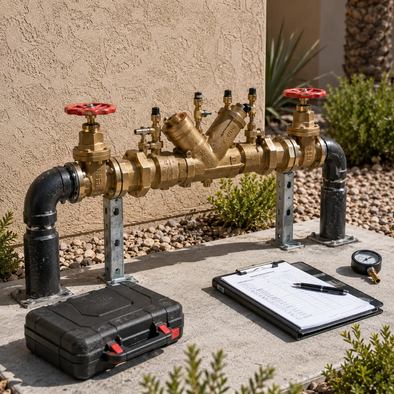 Test form on a clipboard beside a backflow assembly