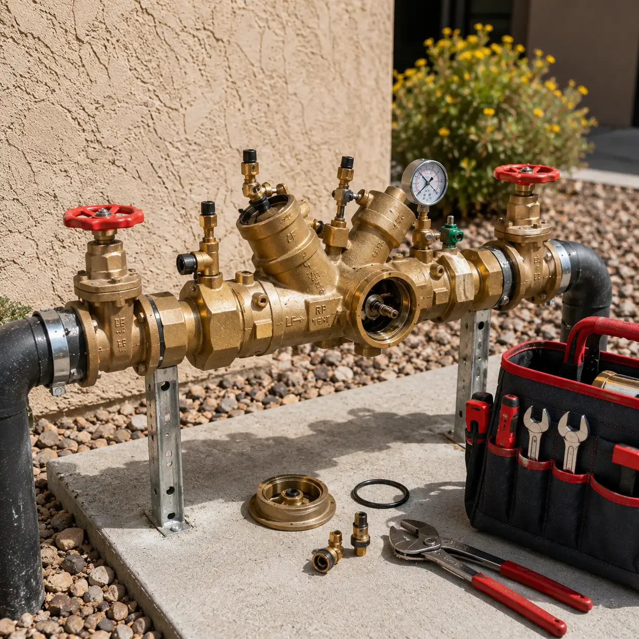 Backflow assembly opened with its bonnet and O-ring removed