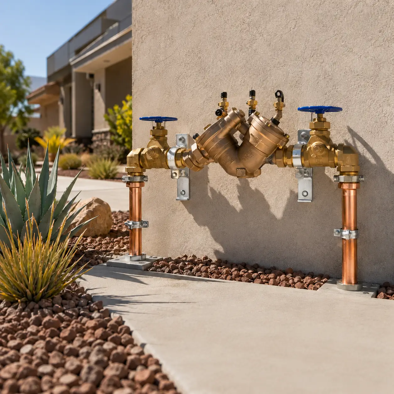 New brass backflow assembly mounted on copper risers