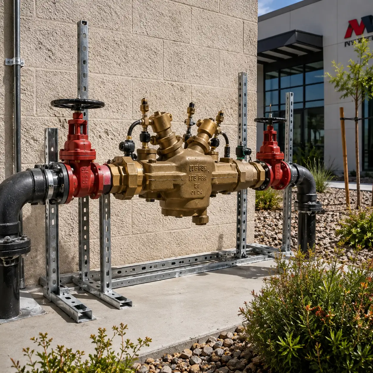 Large flanged backflow assembly on a steel support frame