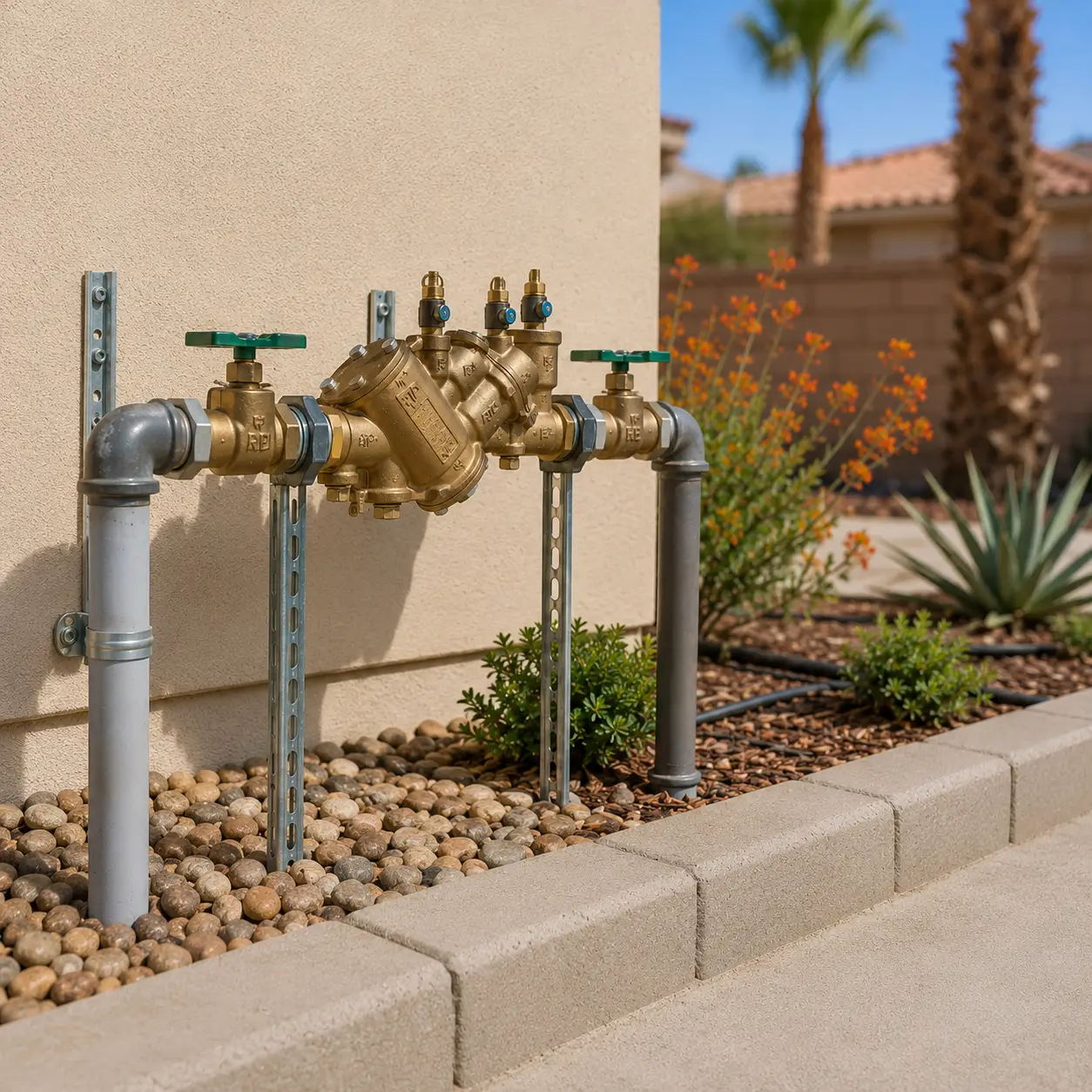Backflow assembly above a drip-irrigated planting bed