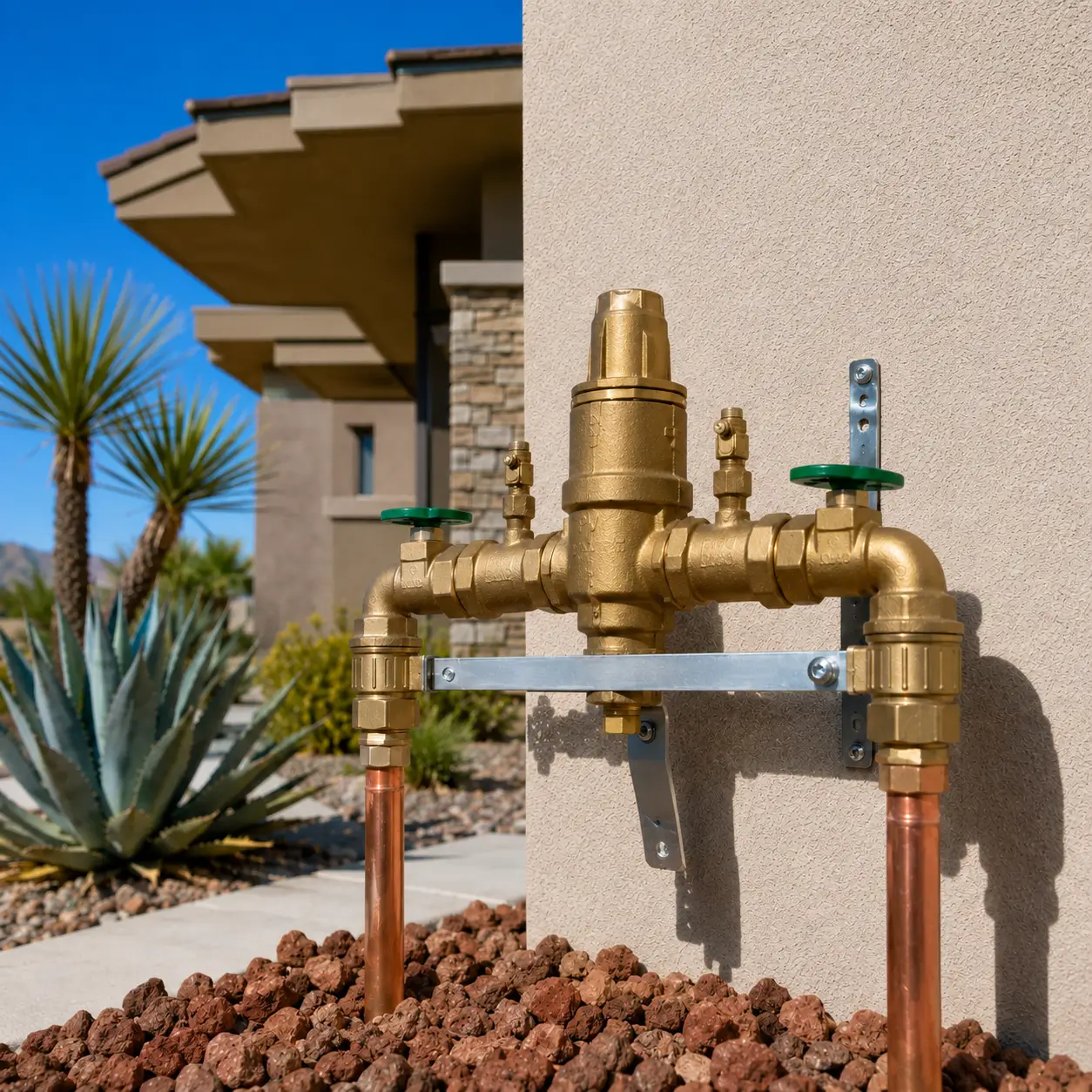 Pressure vacuum breaker bracketed to a wall above copper risers