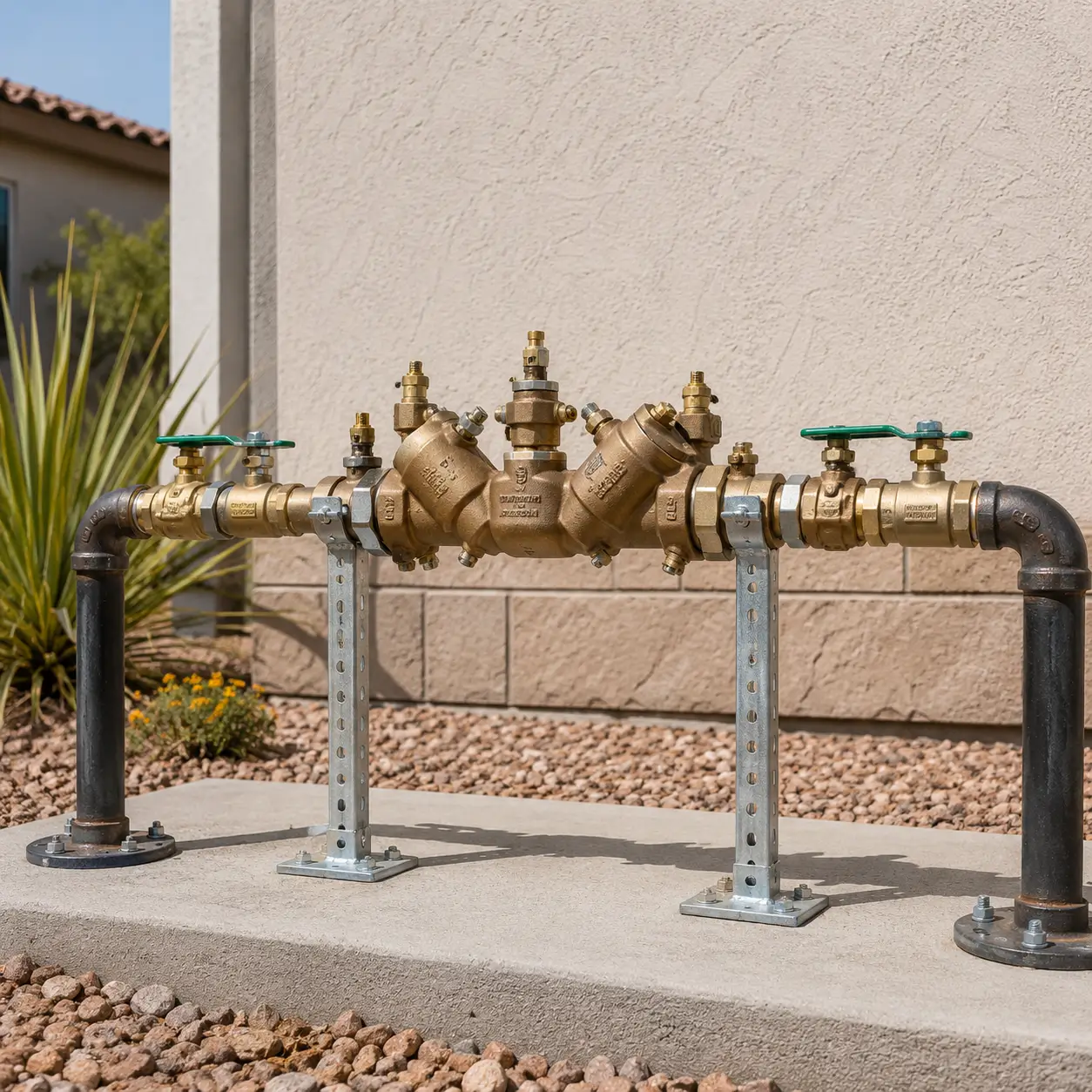 Backflow assembly on strut legs above a concrete pad
