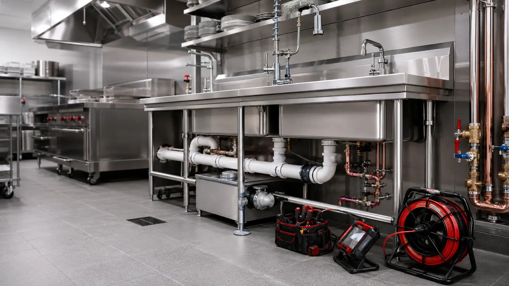 Grease interceptor under a stainless three-compartment sink