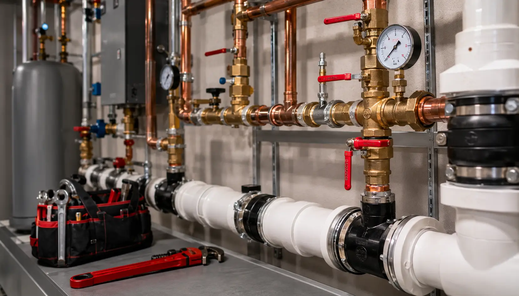 Close view of brass ball valves and a gauge on copper