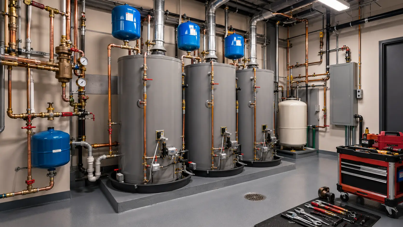 Three commercial water heaters with expansion tanks overhead