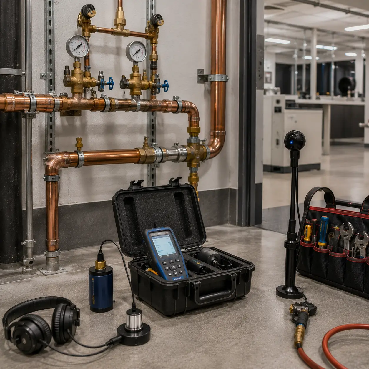 Leak correlator case open below gauged copper risers