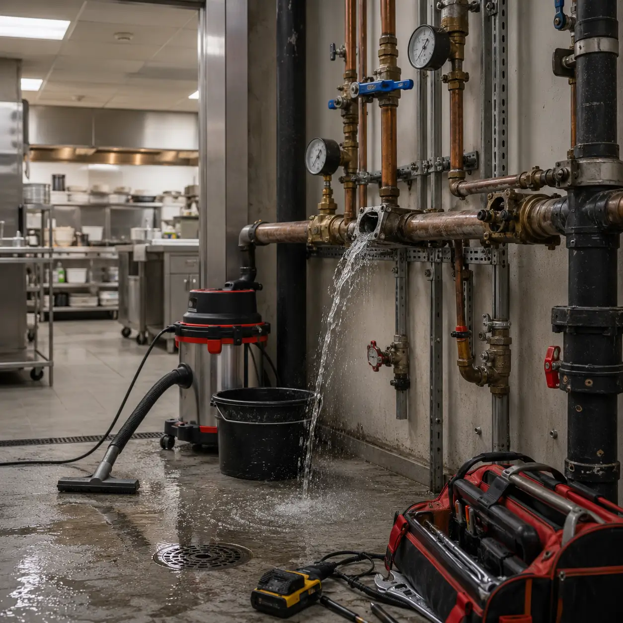 Water arcing from a broken fitting into a bucket and vac