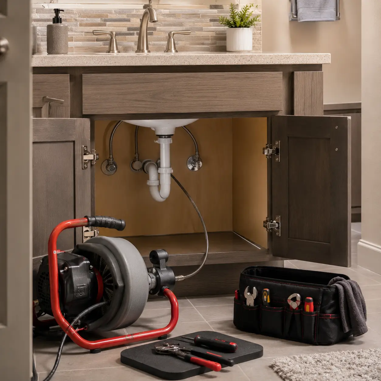 Drum machine cabled into a bathroom vanity drain