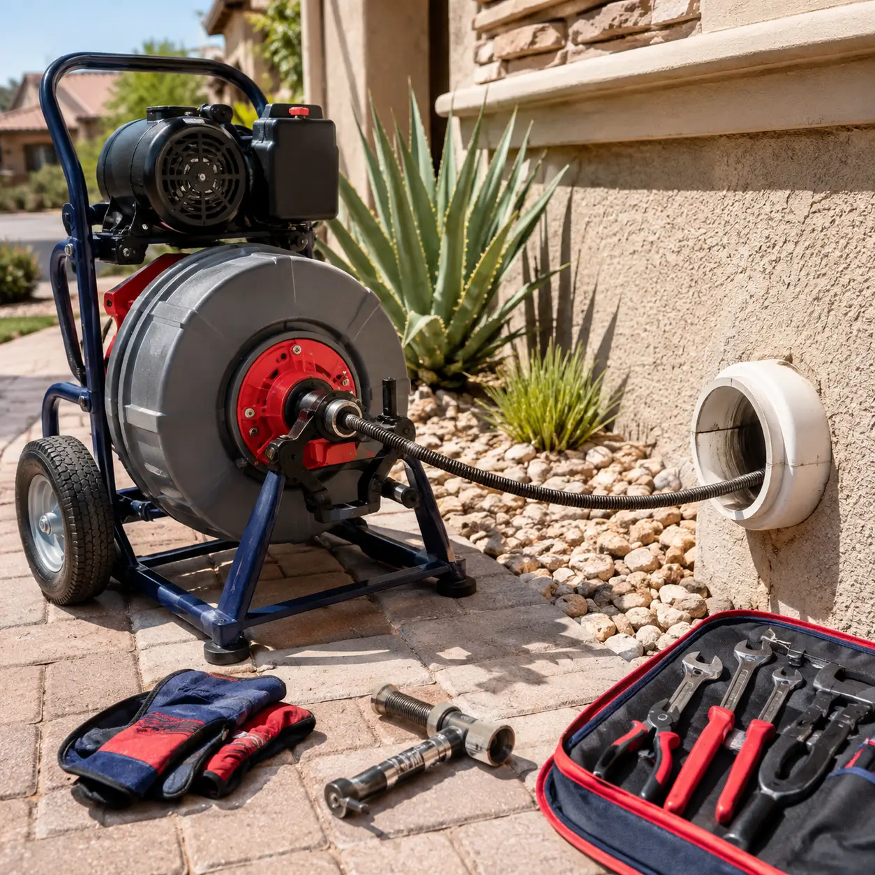 Drum cable machine feeding a stucco wall cleanout