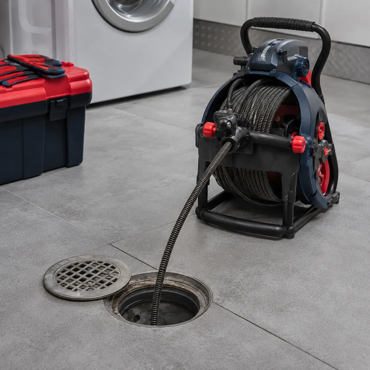Cable entering an open floor drain with its grate removed