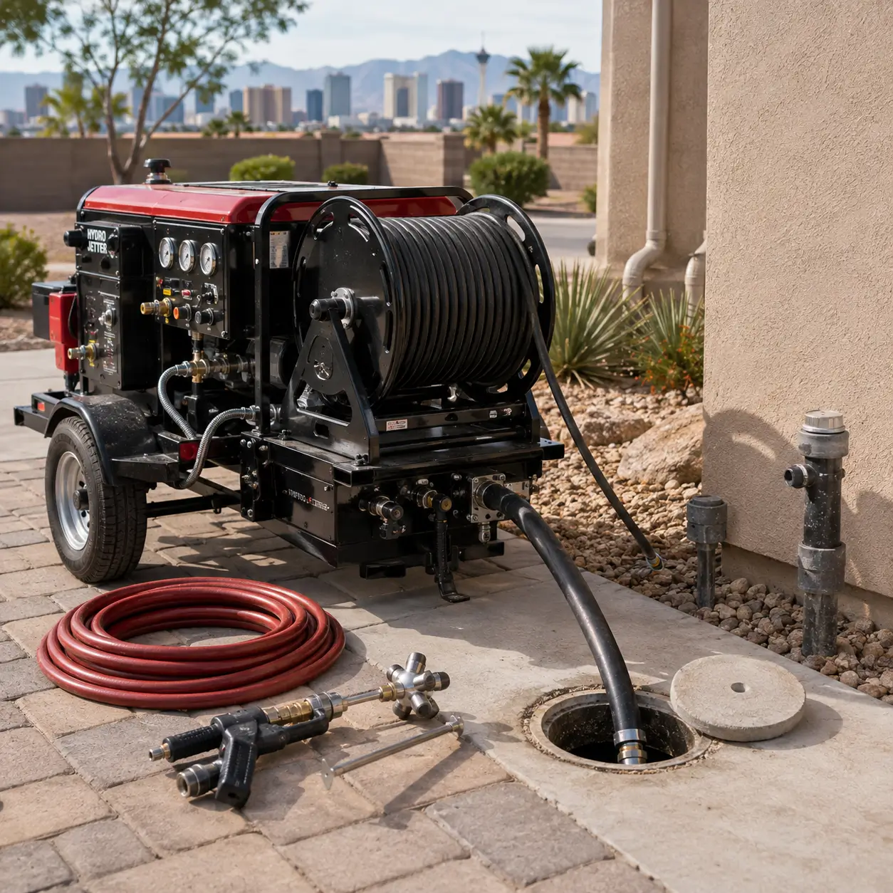 Trailer-mounted jetter and nozzles beside an open cleanout