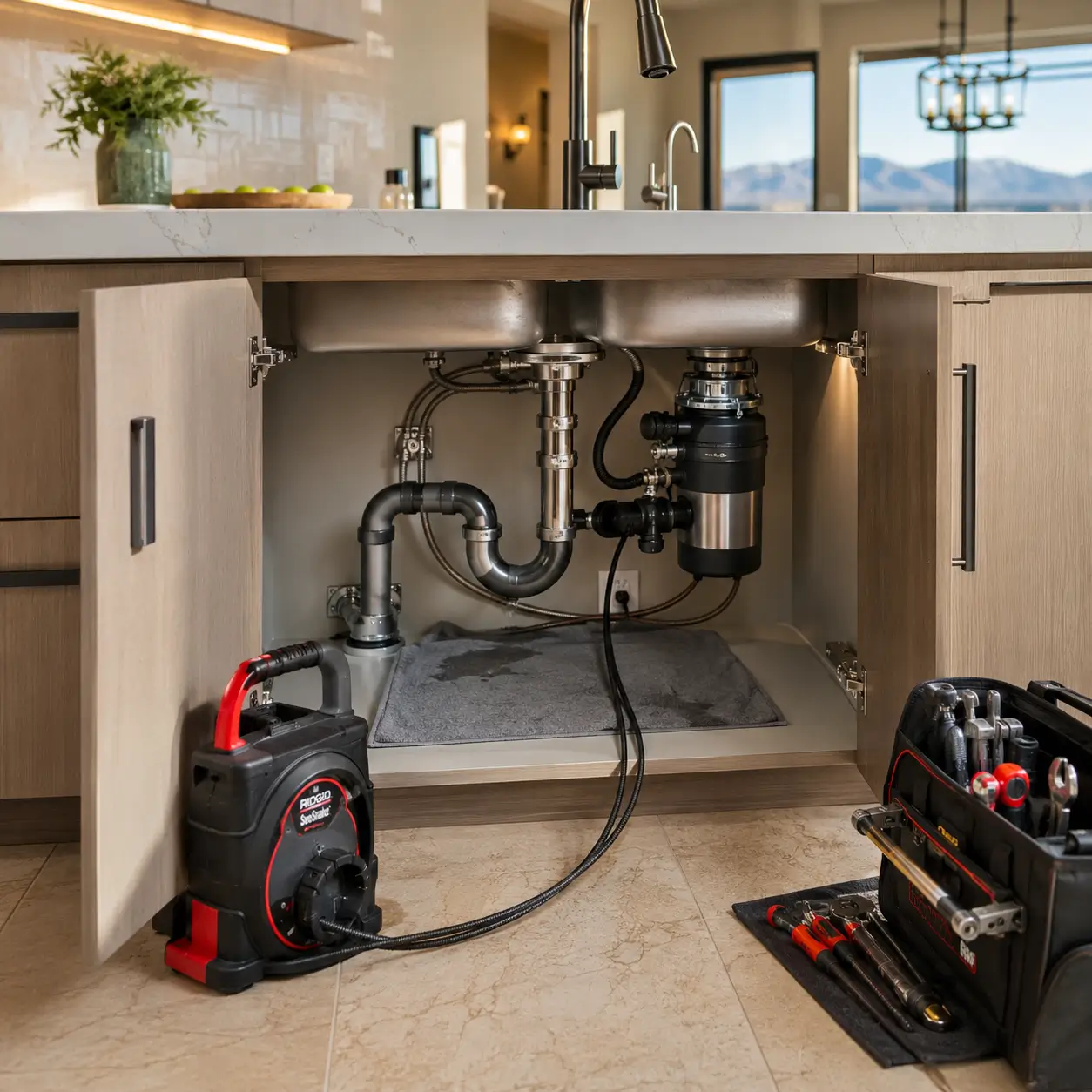 Drain machine cabled into a kitchen sink trap