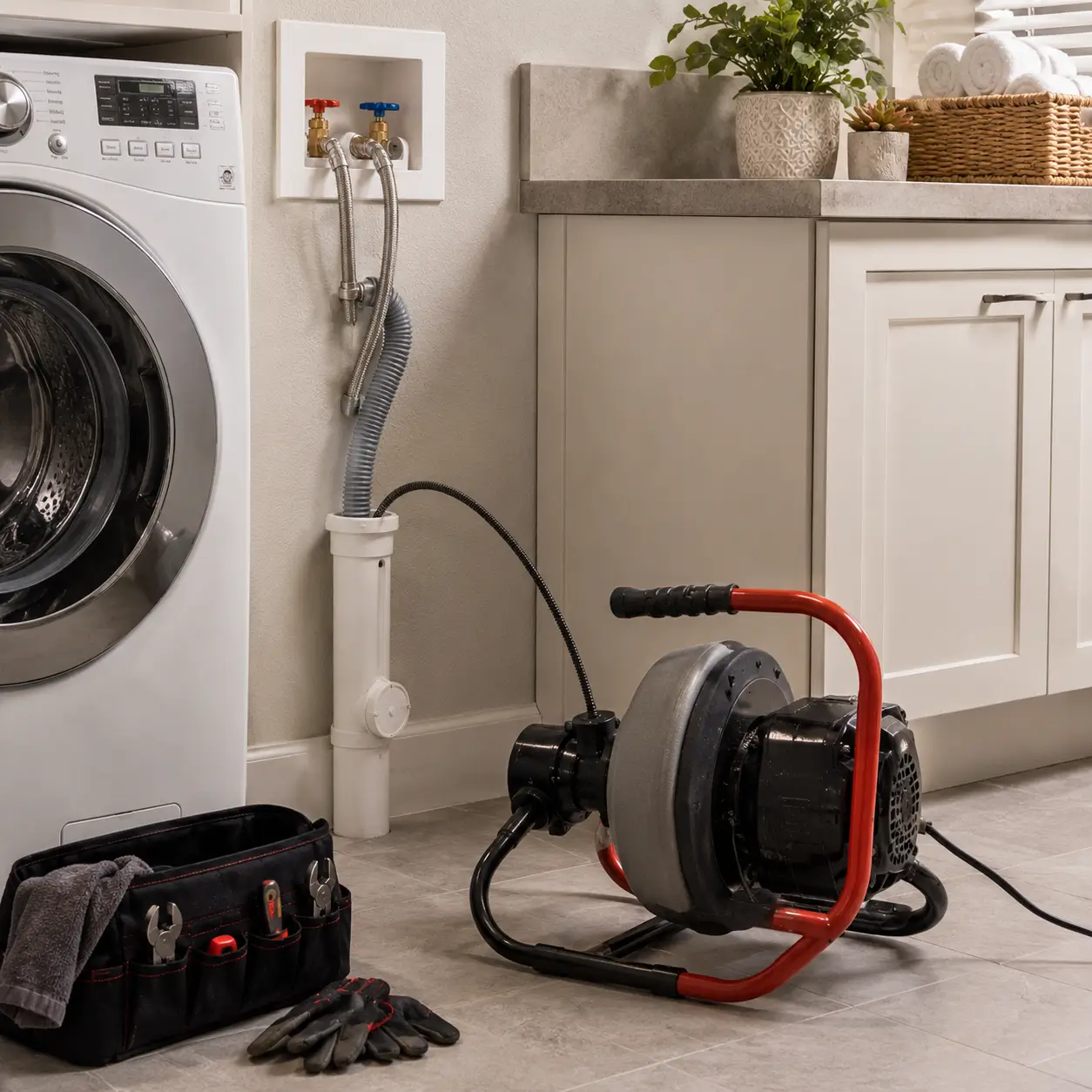 Drain cable fed into a laundry standpipe beside a washer