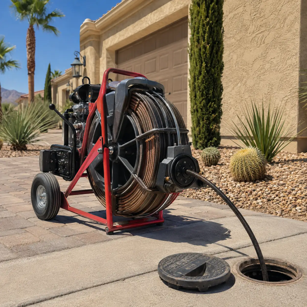 Large drain machine cabled into an outdoor sewer cleanout