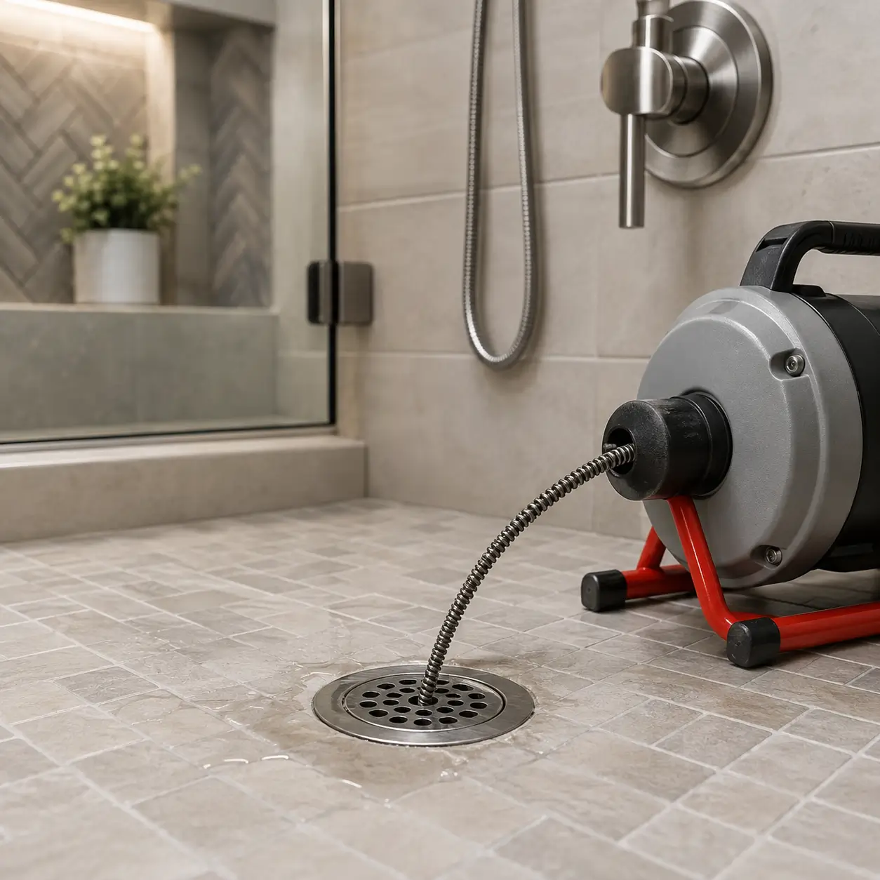 Drain cable entering a tiled shower floor drain