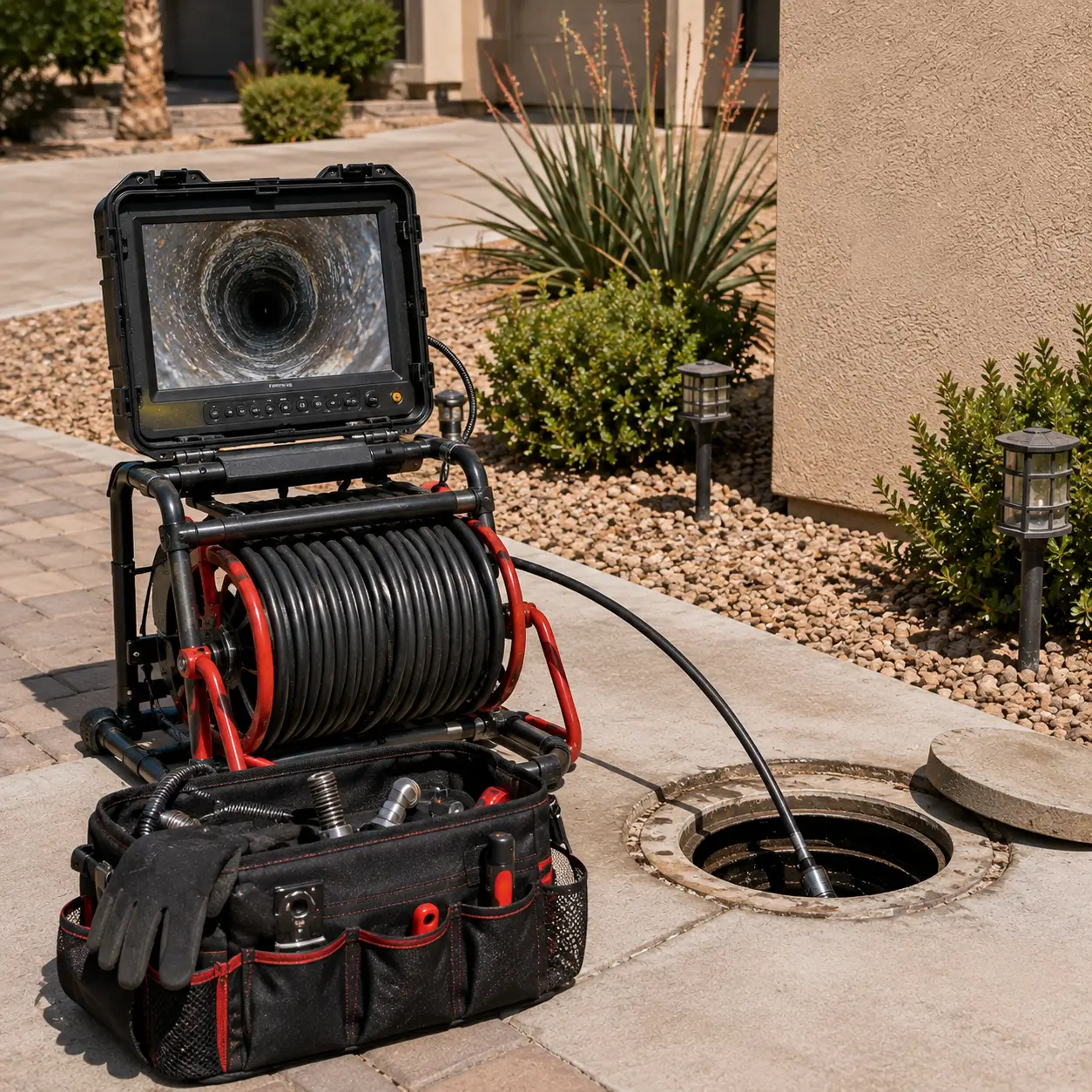 Drain camera cable entering a cleanout beside an open tool bag