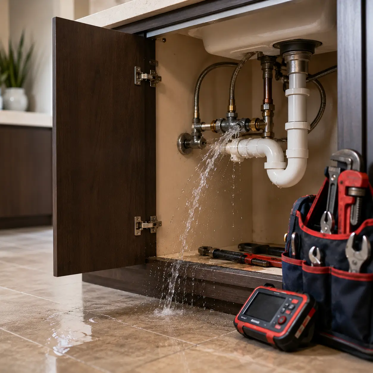 Water spraying under a sink and pooling on the floor