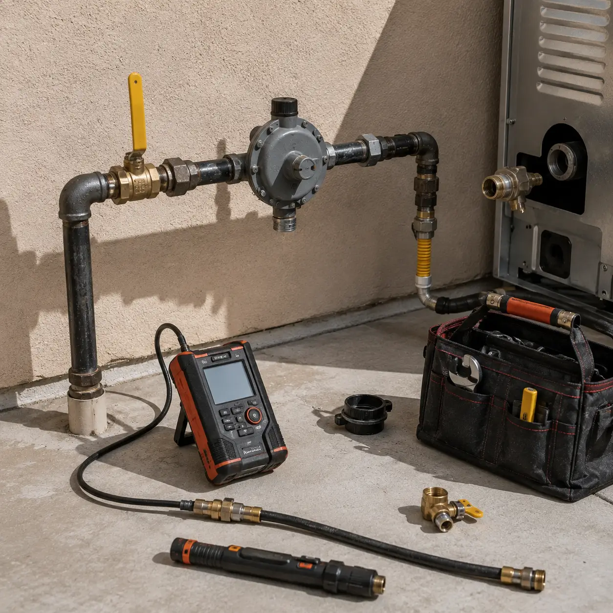 Gas detector beside an exterior gas regulator and shutoff valve