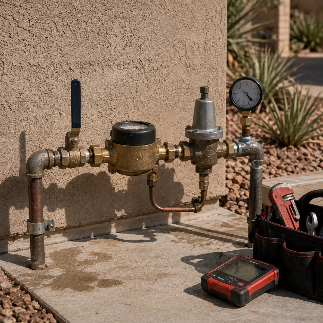 Pressure gauge on an exterior water meter and regulator