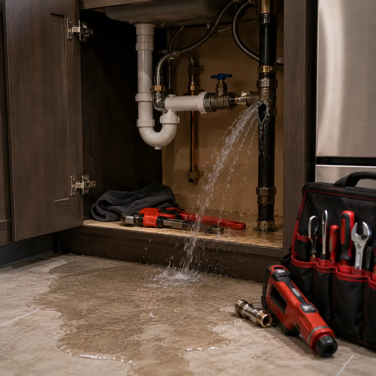 Water spraying from a supply joint and pooling on the floor