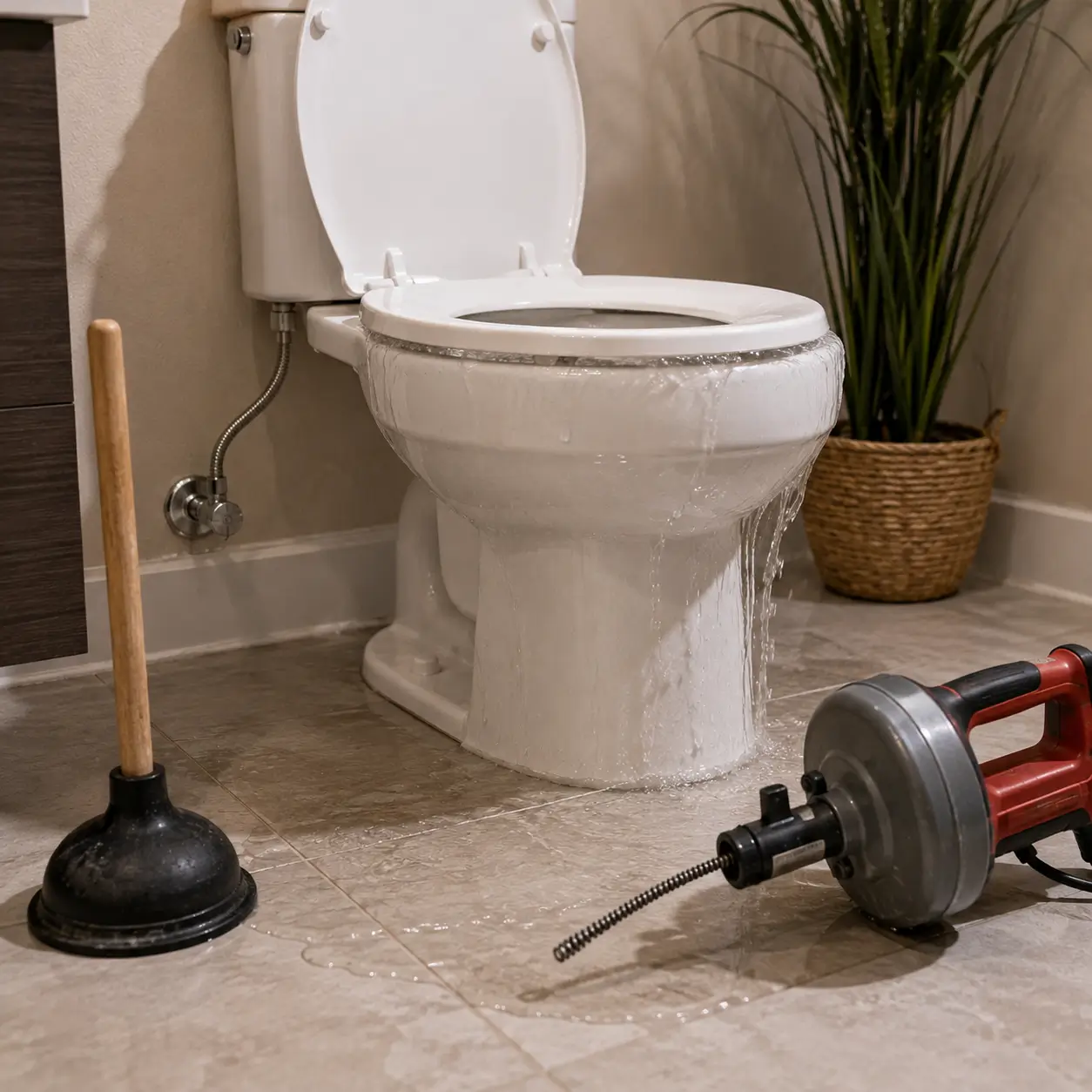 Water overflowing a toilet bowl onto the bathroom floor