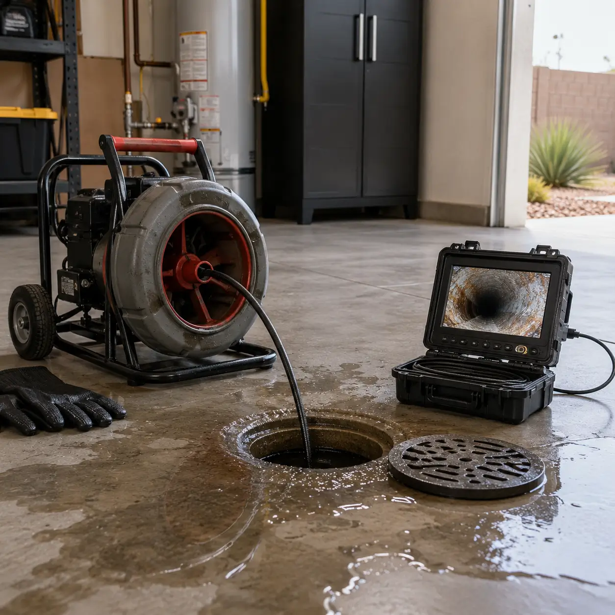 Sewage water pooled around an open floor cleanout in a garage