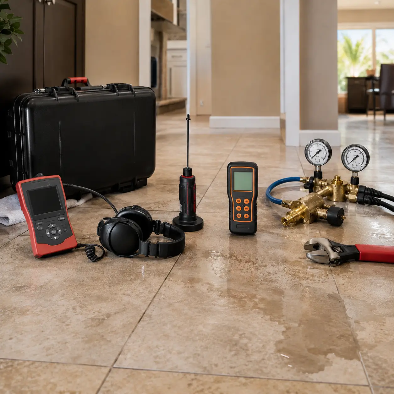 Leak detection tools laid out on a wet tile floor
