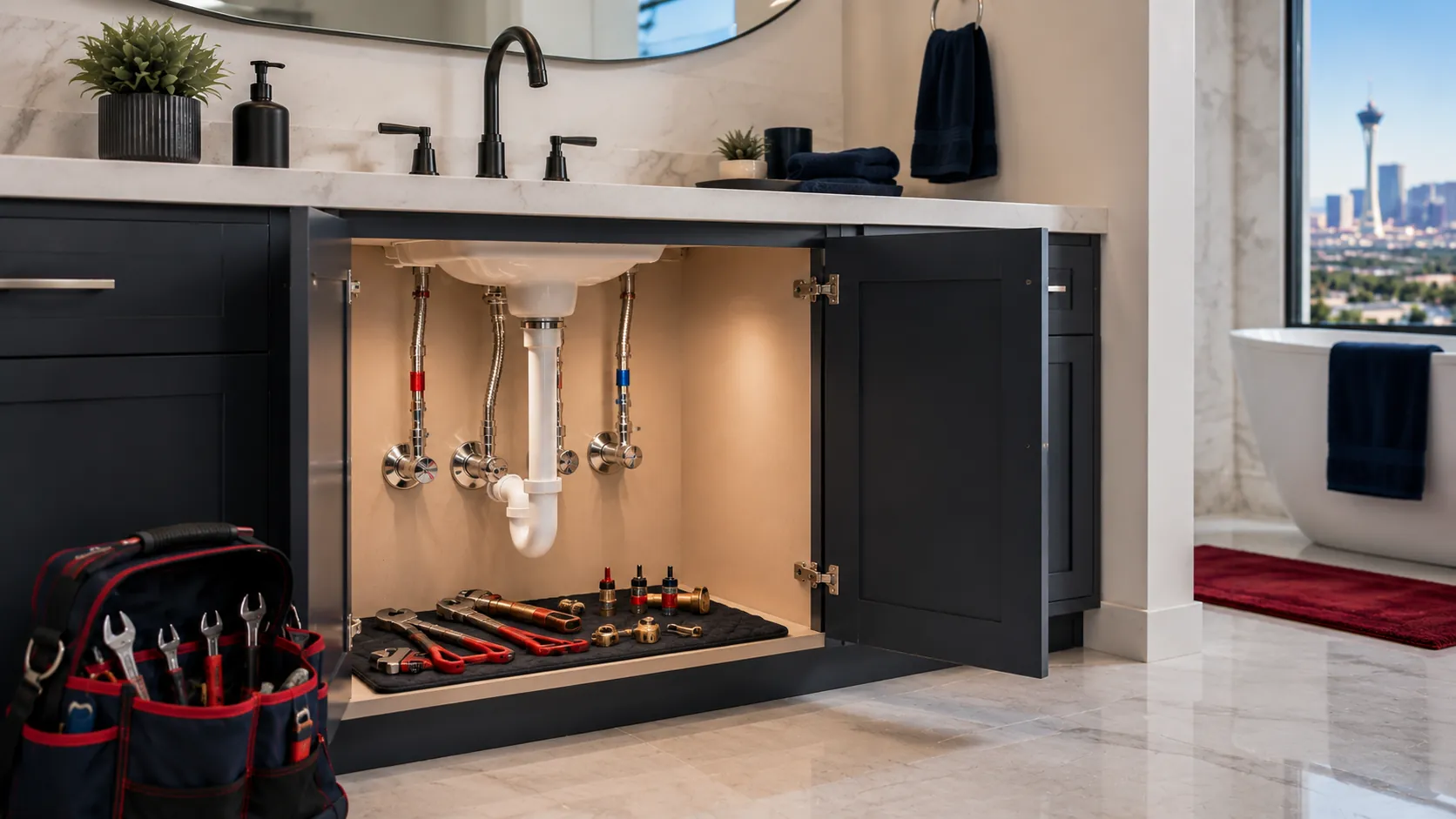 Angle stops and cartridges laid out under a bathroom vanity