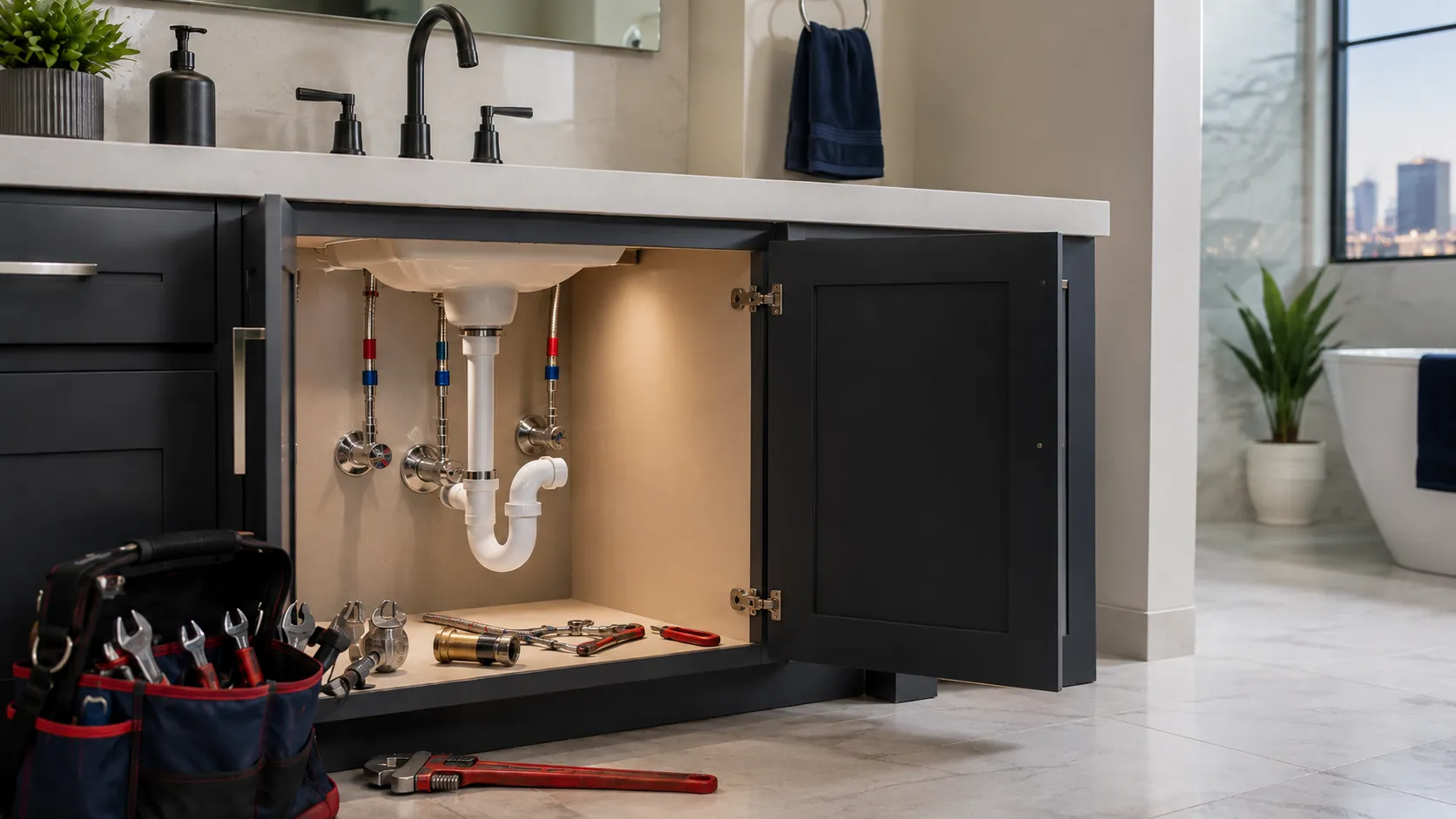 Open vanity cabinet with supply stops and a pipe wrench