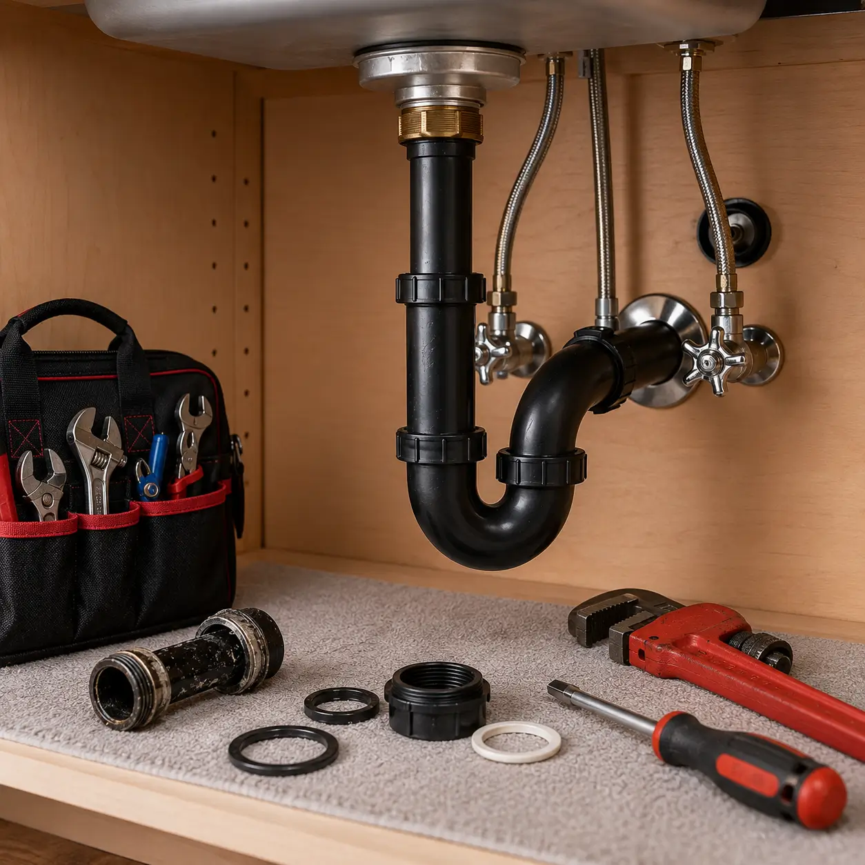 Corroded trap section and washers removed below a sink
