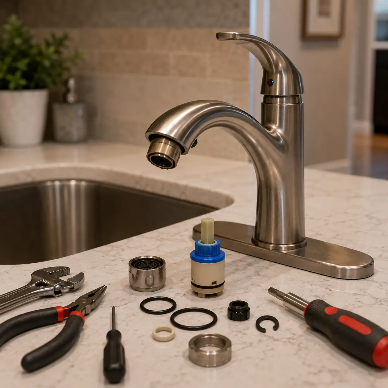 Faucet cartridge, aerator and O-rings laid out on a counter