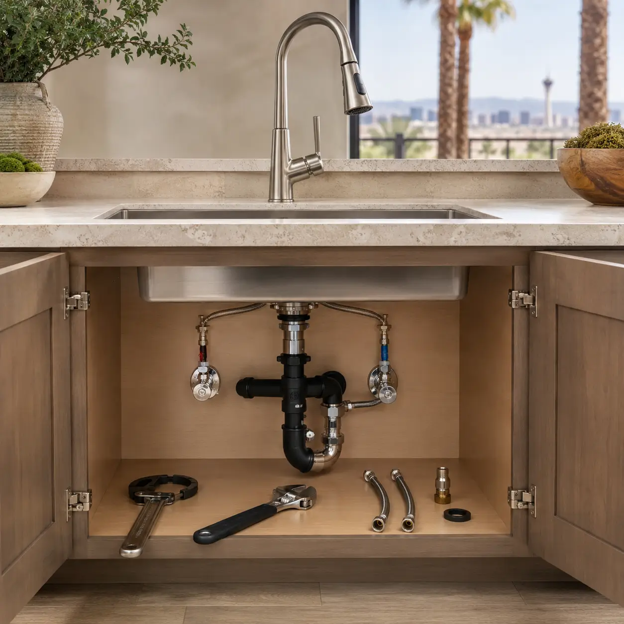 Basin wrench and supply lines below a new pull-down faucet