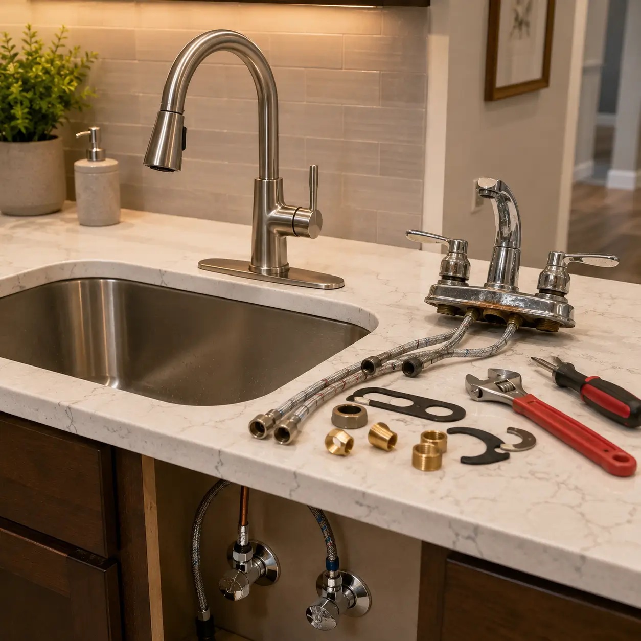 Old chrome faucet removed and laid beside its replacement