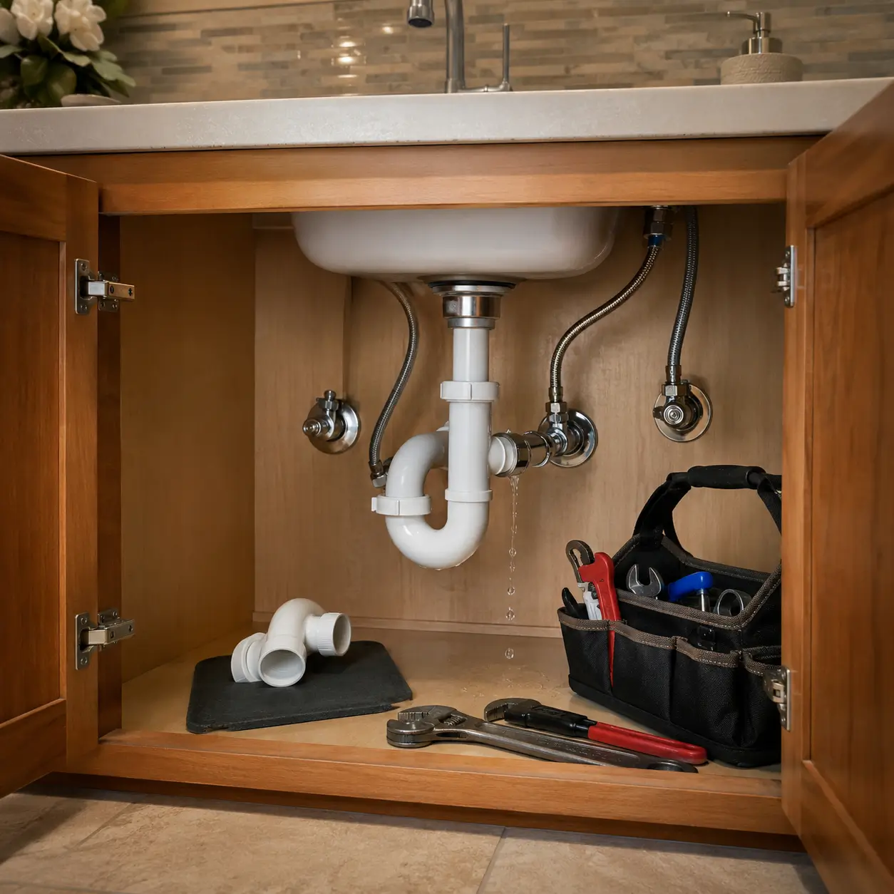 Water dripping from a P-trap joint under a sink