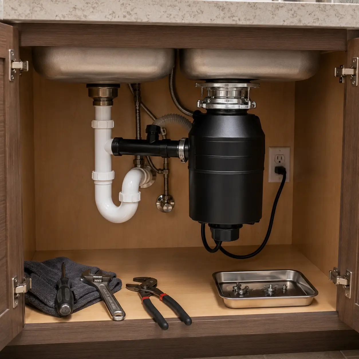 Disposal mounted to a double sink with hand tools set out