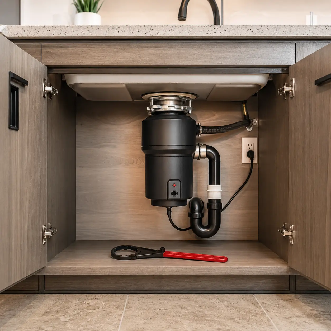 Disposal wrench on the cabinet floor below a mounted unit