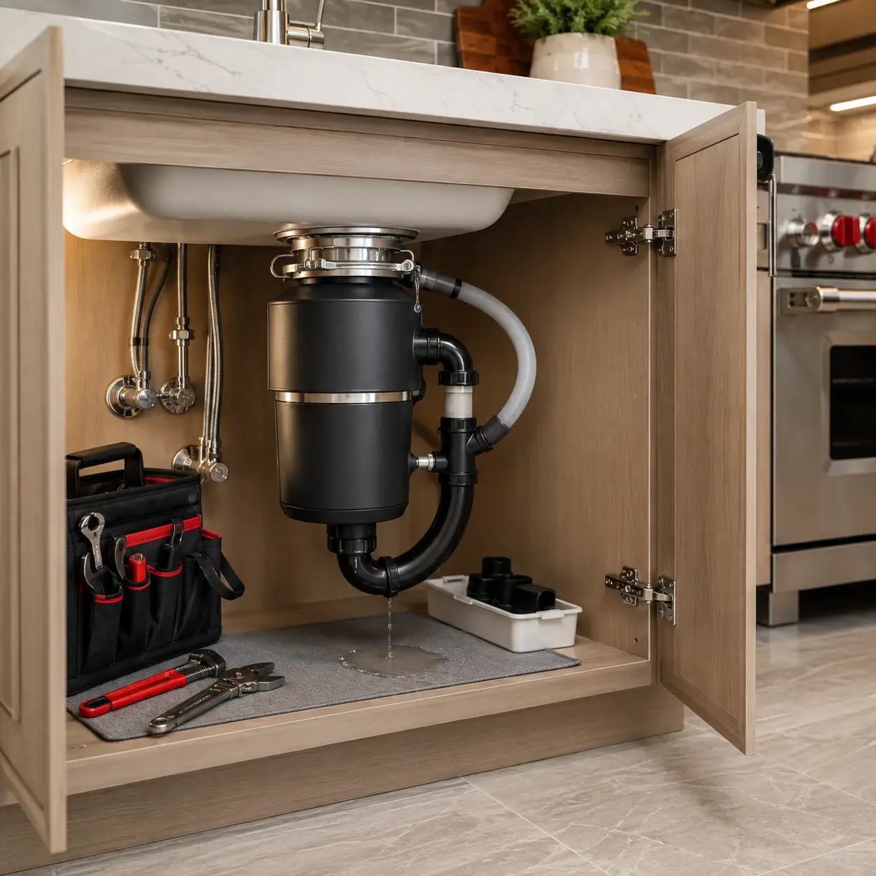 Water dripping from a disposal elbow onto a cabinet mat