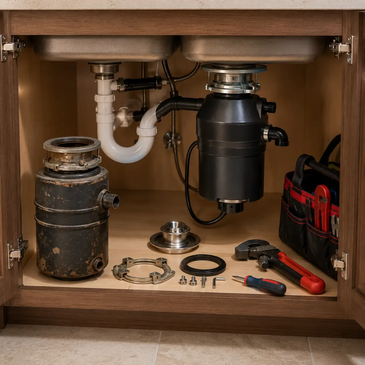 Rusted disposal removed with mounting ring and gasket set out