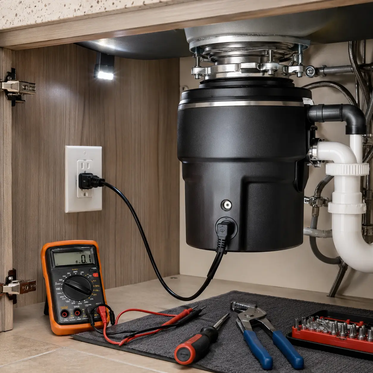 Multimeter and outlet tested beside a plugged-in disposal