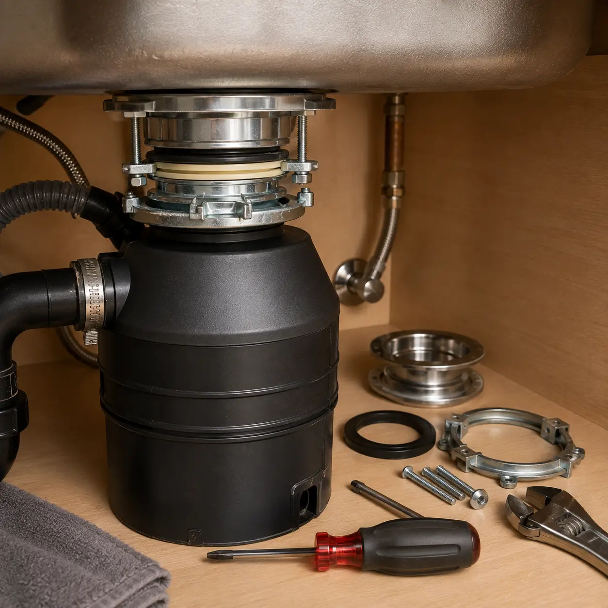 Sink flange, snap ring and bolts loosened at a disposal collar