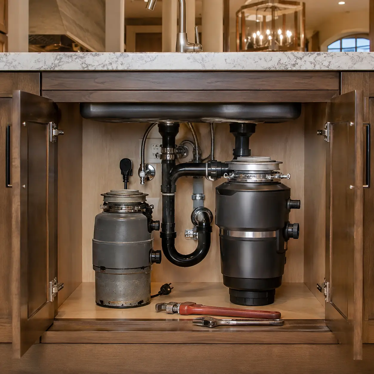 Small older disposal beside a larger higher-capacity model
