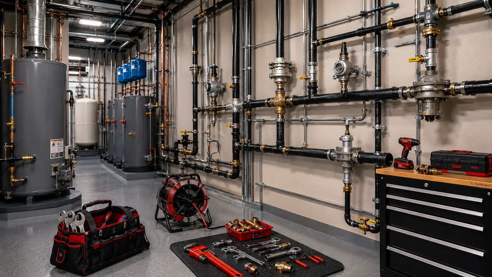 Overhead gas mains and regulators in a mechanical room