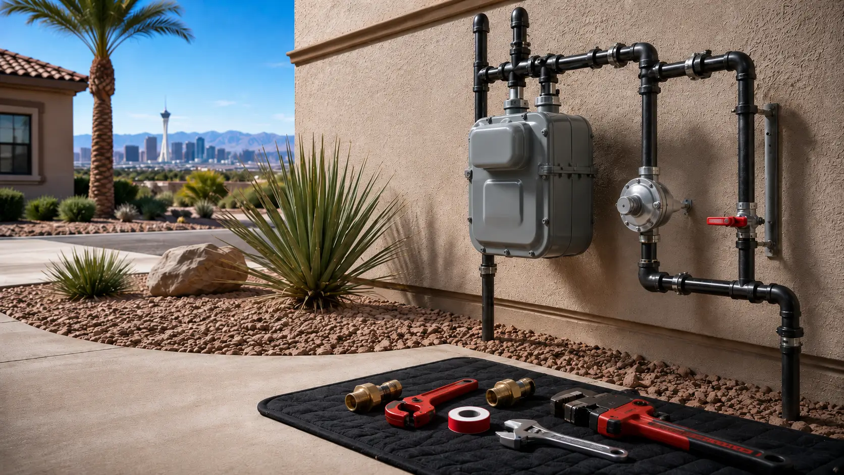Wrenches and fittings laid out below an exterior gas meter