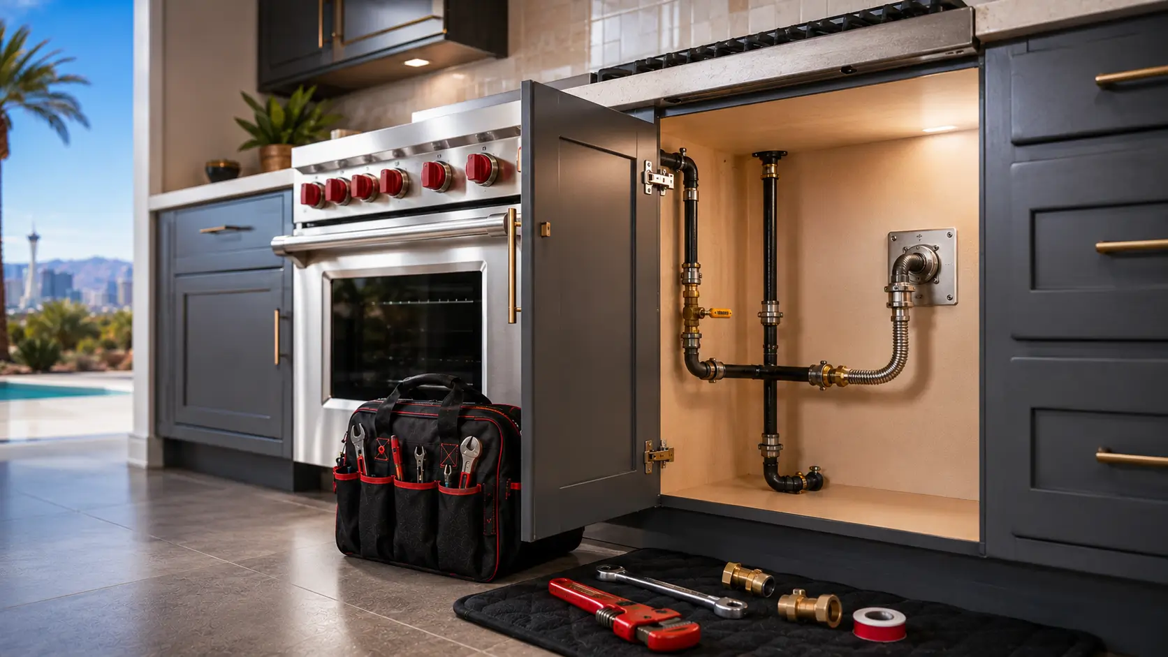 Gas piping and flex connector inside an open kitchen cabinet