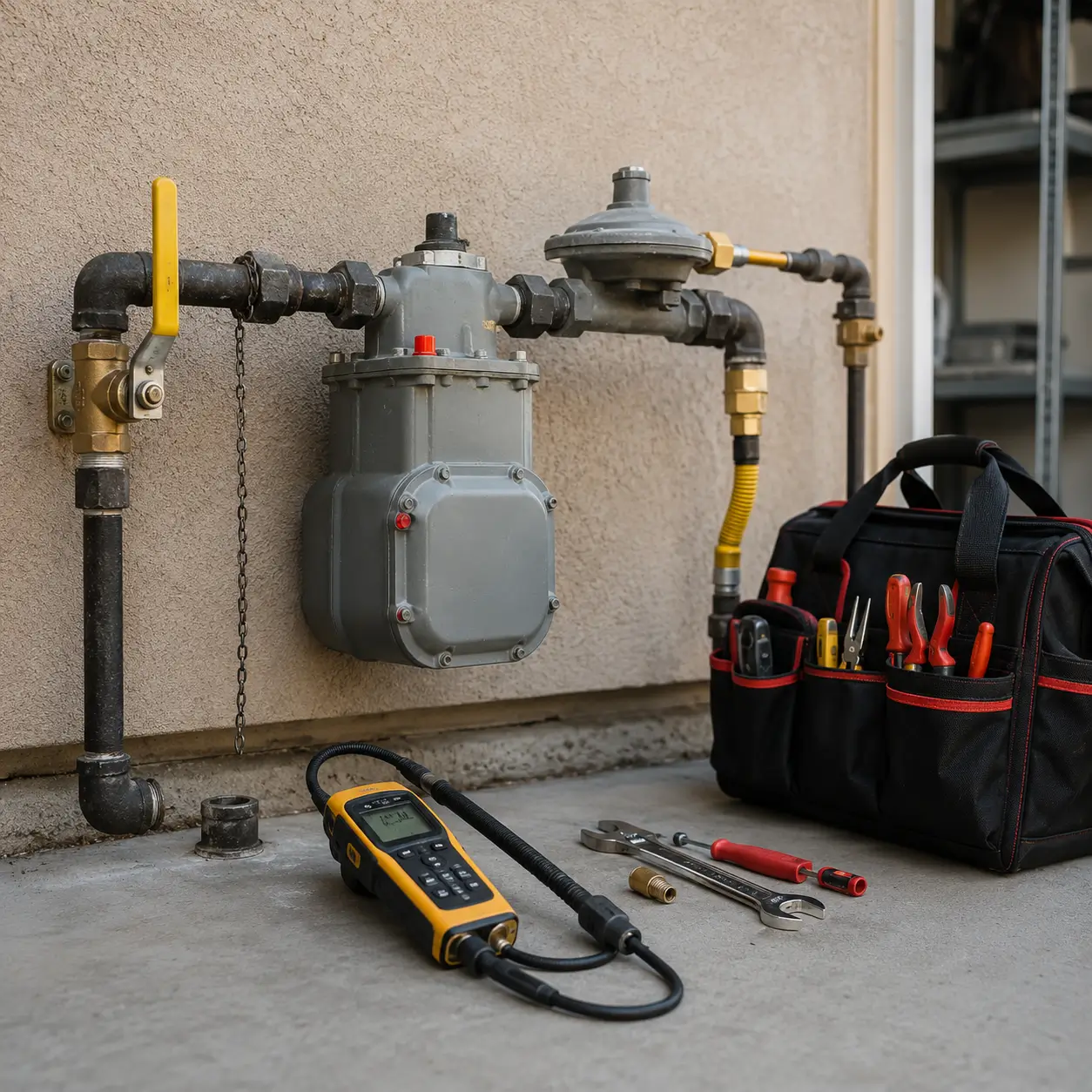 Gas detector at a meter with a disconnected pipe union