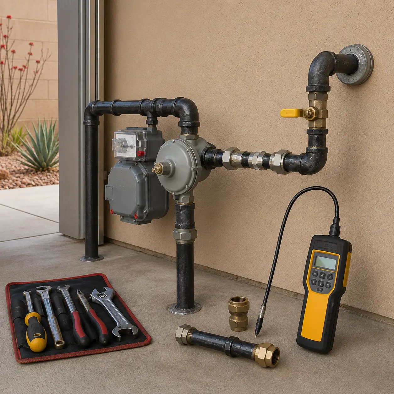 Gas detector probing a meter connection beside a tool roll