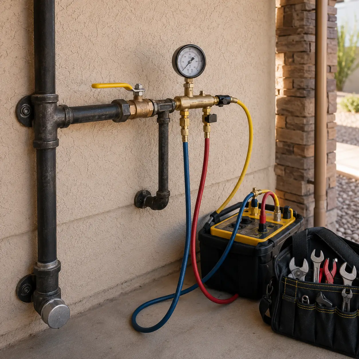 Pressure gauge and test hoses connected to a gas riser