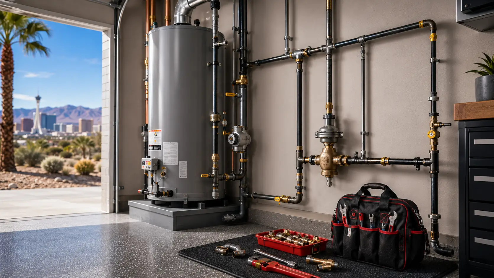Brass regulator on garage gas piping beside a water heater