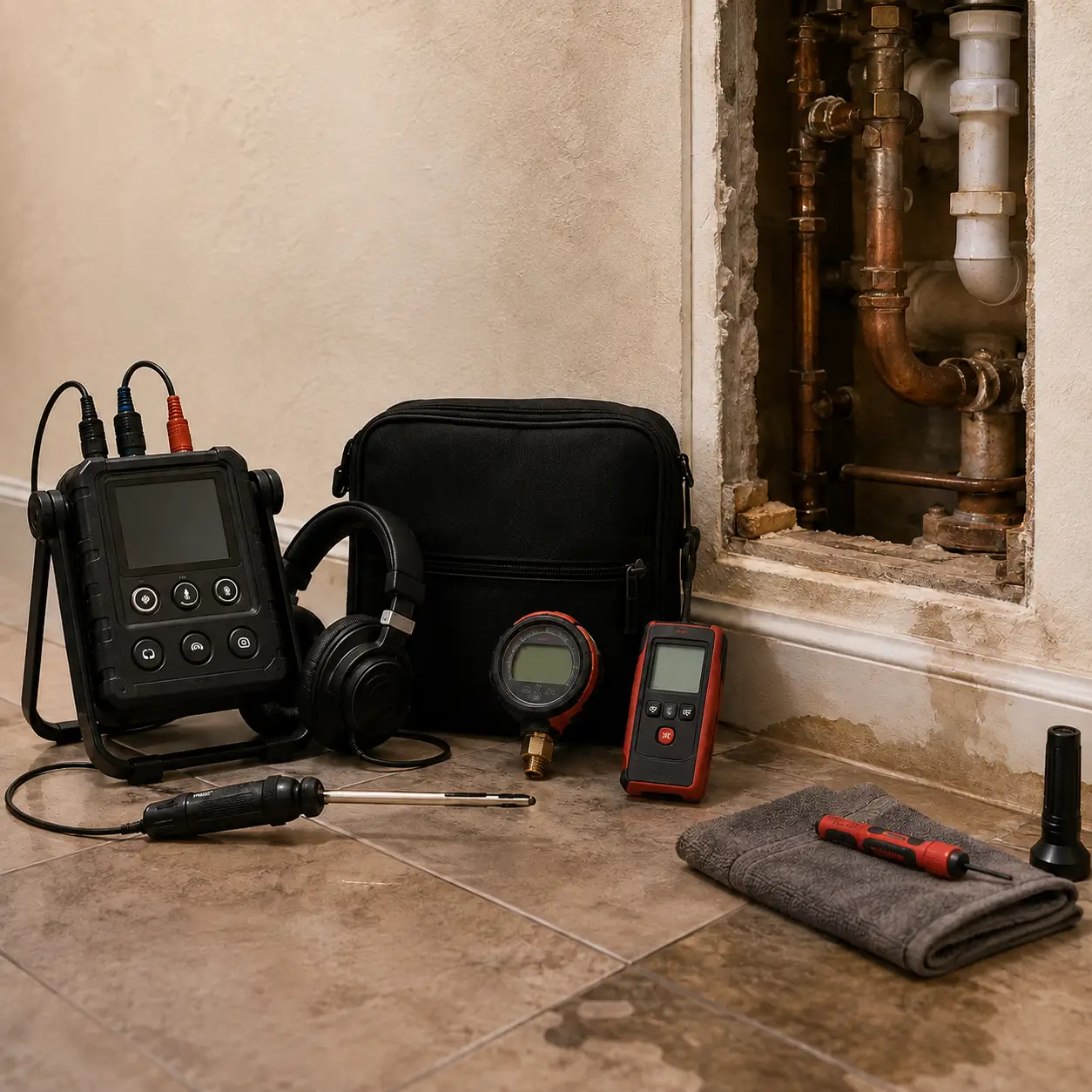 Acoustic detection gear beside an opened wall showing corroded pipes